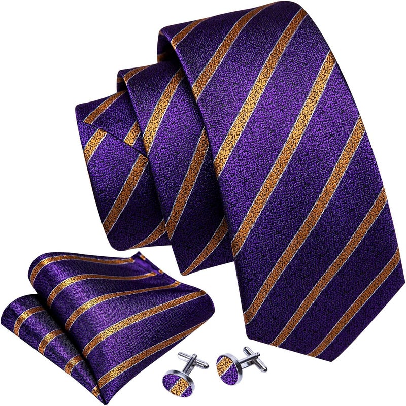 Barry.Wang Store Tie Sets for Men Silk Stripe Necktie Woven Checkered Handkerchief Cufflinks Formal Business Wedding - Image 2